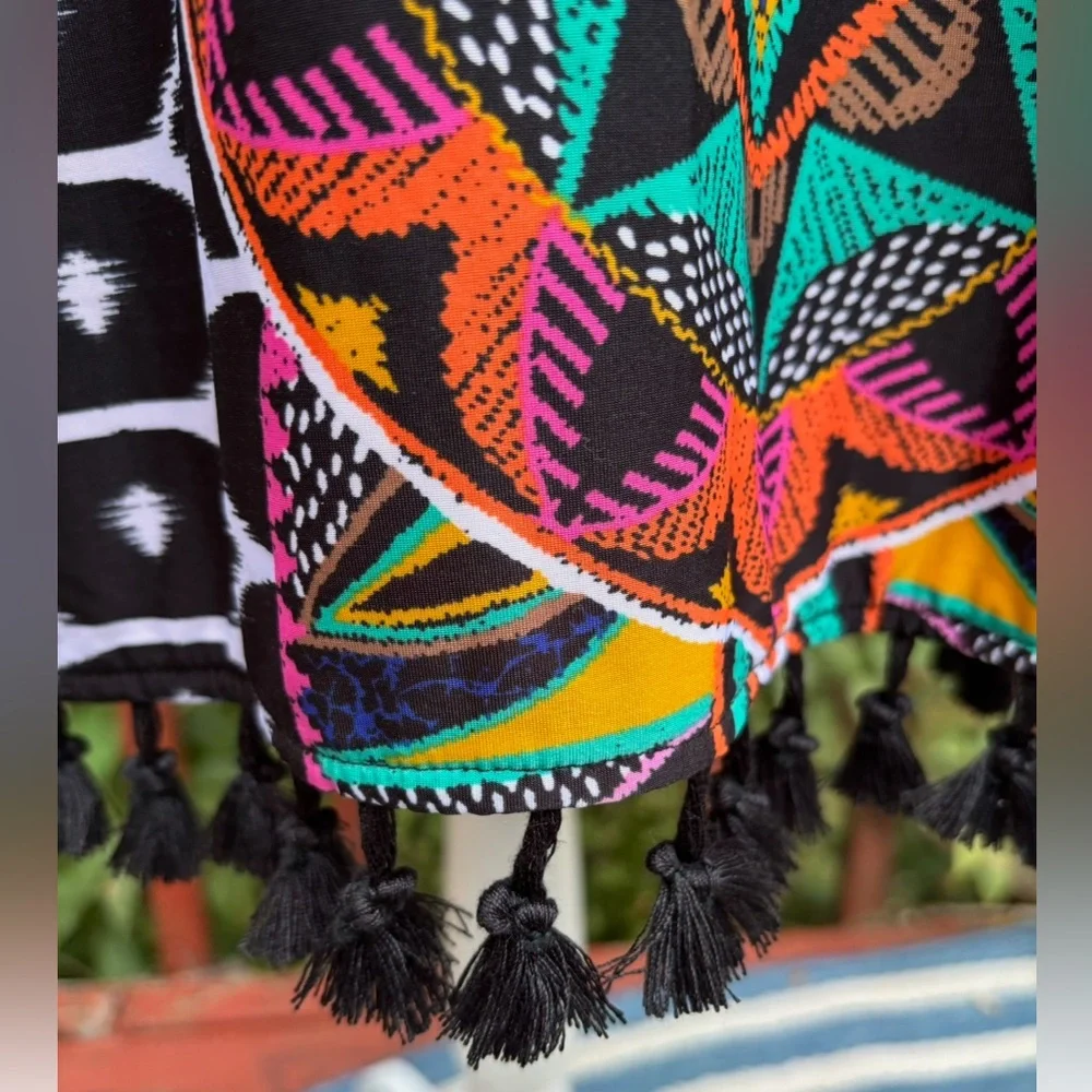 TRINA TURK  Abstract Halter Dress- Size M - Great Colors -Fringe around bottom- - Picture 5 of 6